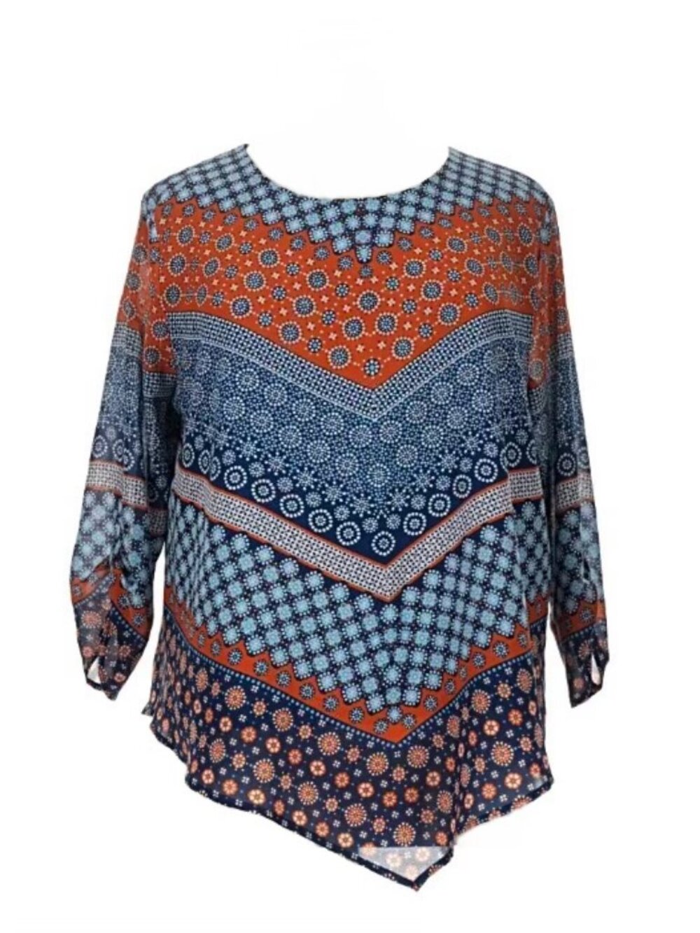 Ruby Rd. XL Orange, Blue, and White Geo Floral Stripe Asymmetrical Blouse